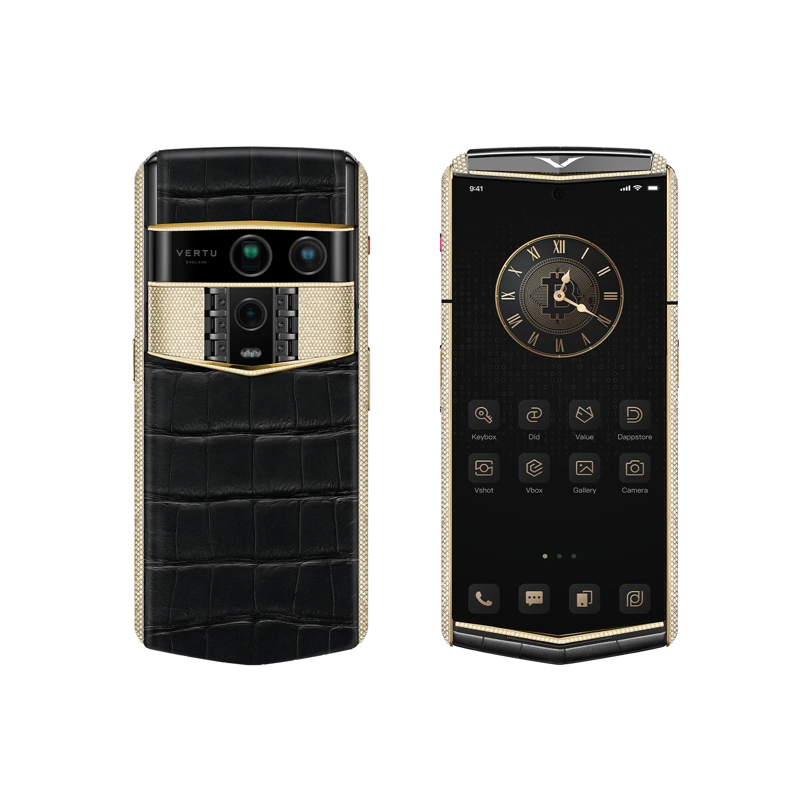 VERTU AGENT Q PHONE BESPOKE IRON BLACK GOLD & FULL DIAMOND ALLIGATOR SKIN, closed, seen from the front
