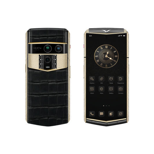 VERTU AGENT Q PHONE BESPOKE IRON BLACK GOLD & FULL DIAMOND ALLIGATOR SKIN, closed, seen from the front
