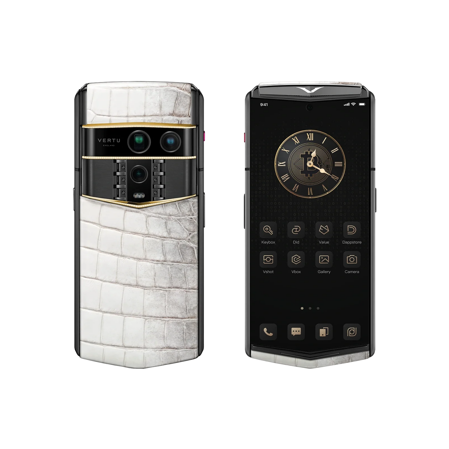VERTU AGENT Q PHONE HIMALAYA & GOLD III & DIAMOND ALLIGATOR SKIN, rear panel and screen, alligator leather, gold and diamonds