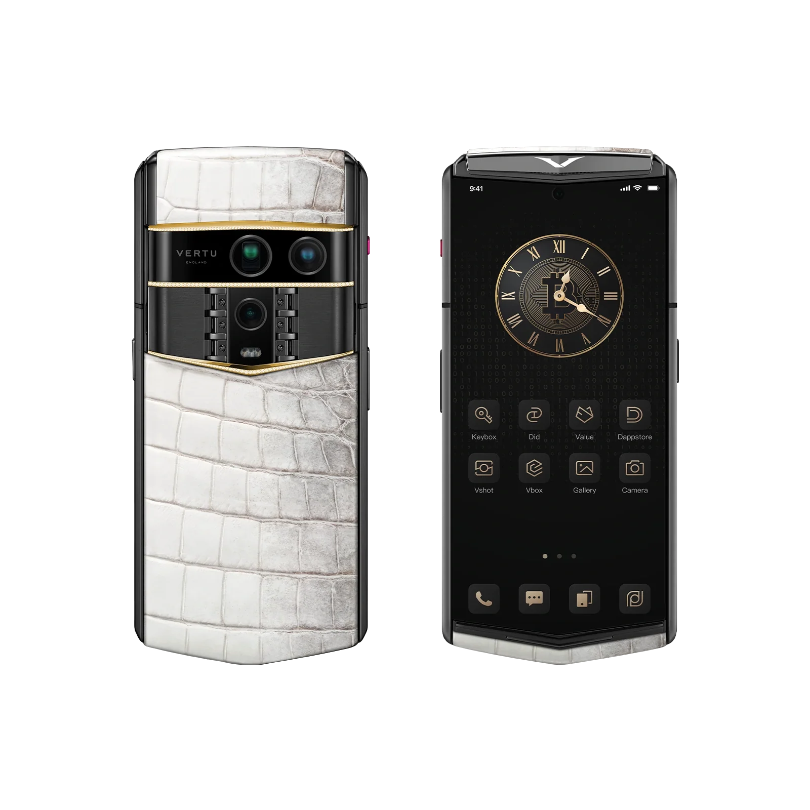 VERTU AGENT Q PHONE HIMALAYA & GOLD III & DIAMOND ALLIGATOR SKIN, rear panel and screen, alligator leather, gold and diamonds