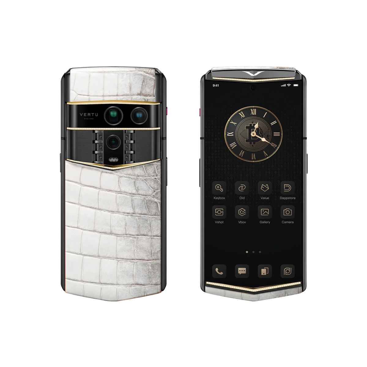 VERTU AGENT Q PHONE HIMALAYA & GOLD V & DIAMOND ALLIGATOR SKIN, back panel with the screen alongside