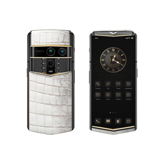 VERTU AGENT Q PHONE HIMALAYA & GOLD V & DIAMOND ALLIGATOR SKIN, back panel with the screen alongside
