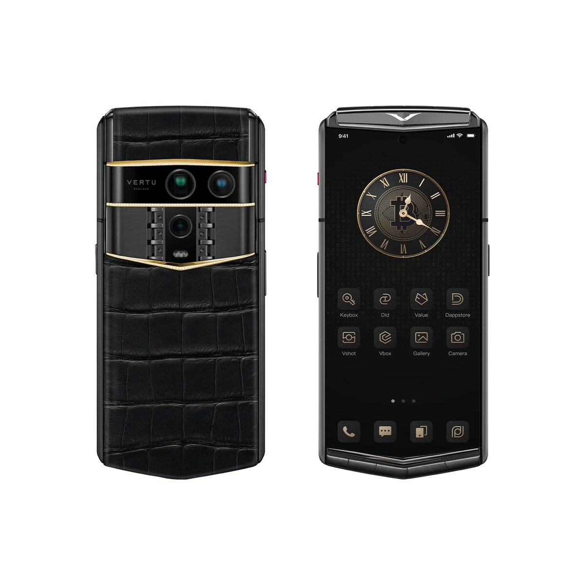 VERTU AGENT Q PHONE BESPOKE IRON BLACK GOLD III & DIAMOND ALLIGATOR SKIN, front and back