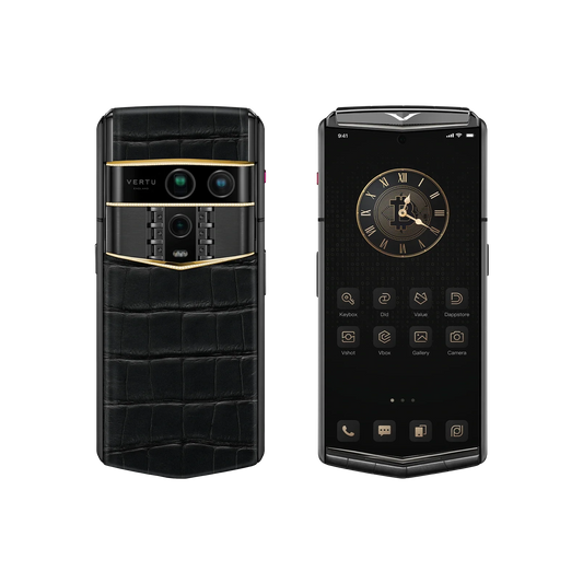 VERTU AGENT Q PHONE BESPOKE IRON BLACK GOLD III & DIAMOND ALLIGATOR SKIN, front and back
