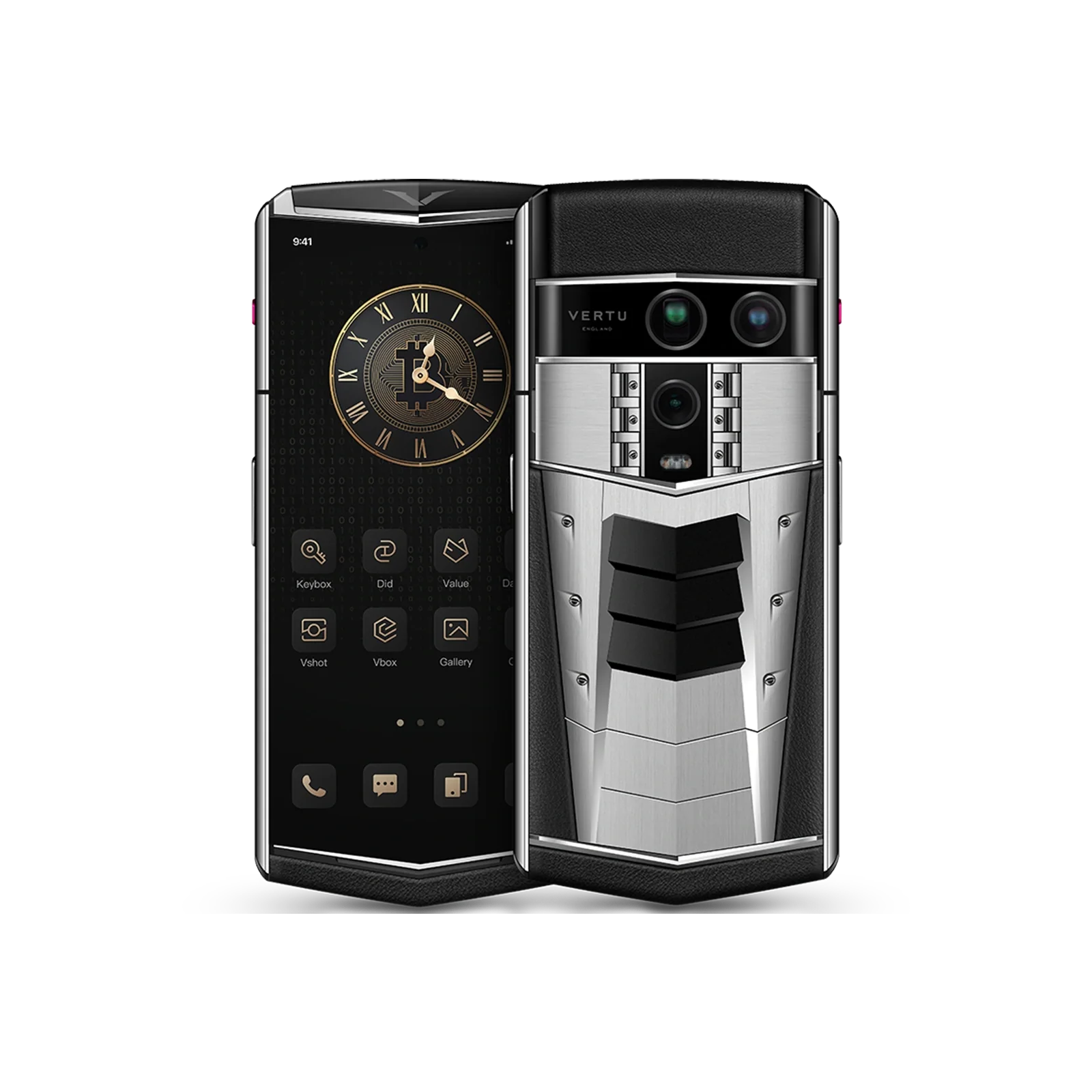 VERTU AGENT Q PHONE GT (LIMITED EDITION) SPACE SILVER CALFSKIN, seen from above, calf leather