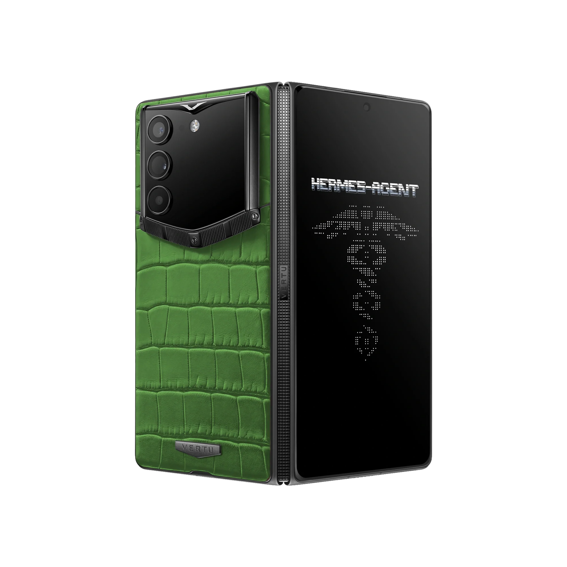 VERTU ALPHAFOLD Bamboo Green alligator skin phone folded and standing upright from behind