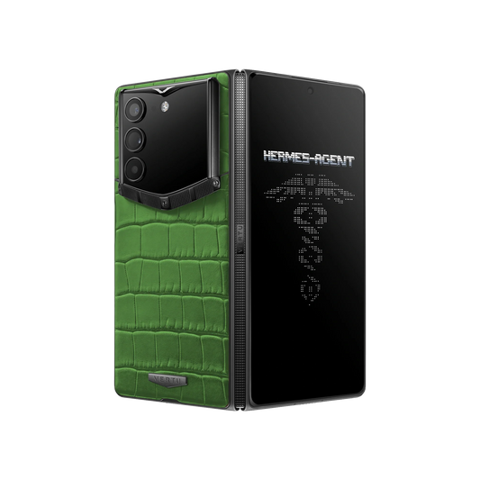 VERTU ALPHAFOLD Bamboo Green alligator skin phone folded and standing upright from behind