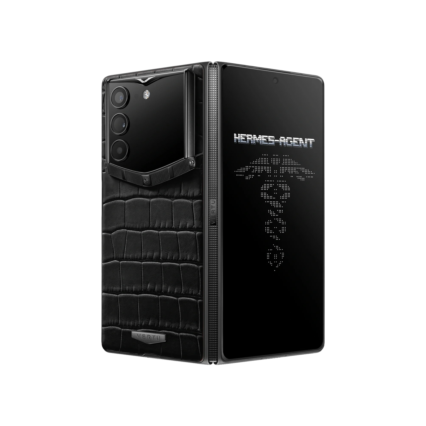 VERTU ALPHAFOLD IRON BLACK alligator skin phone folded and standing upright from behind