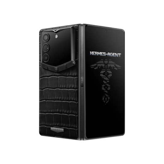 VERTU ALPHAFOLD IRON BLACK alligator skin phone folded and standing upright from behind