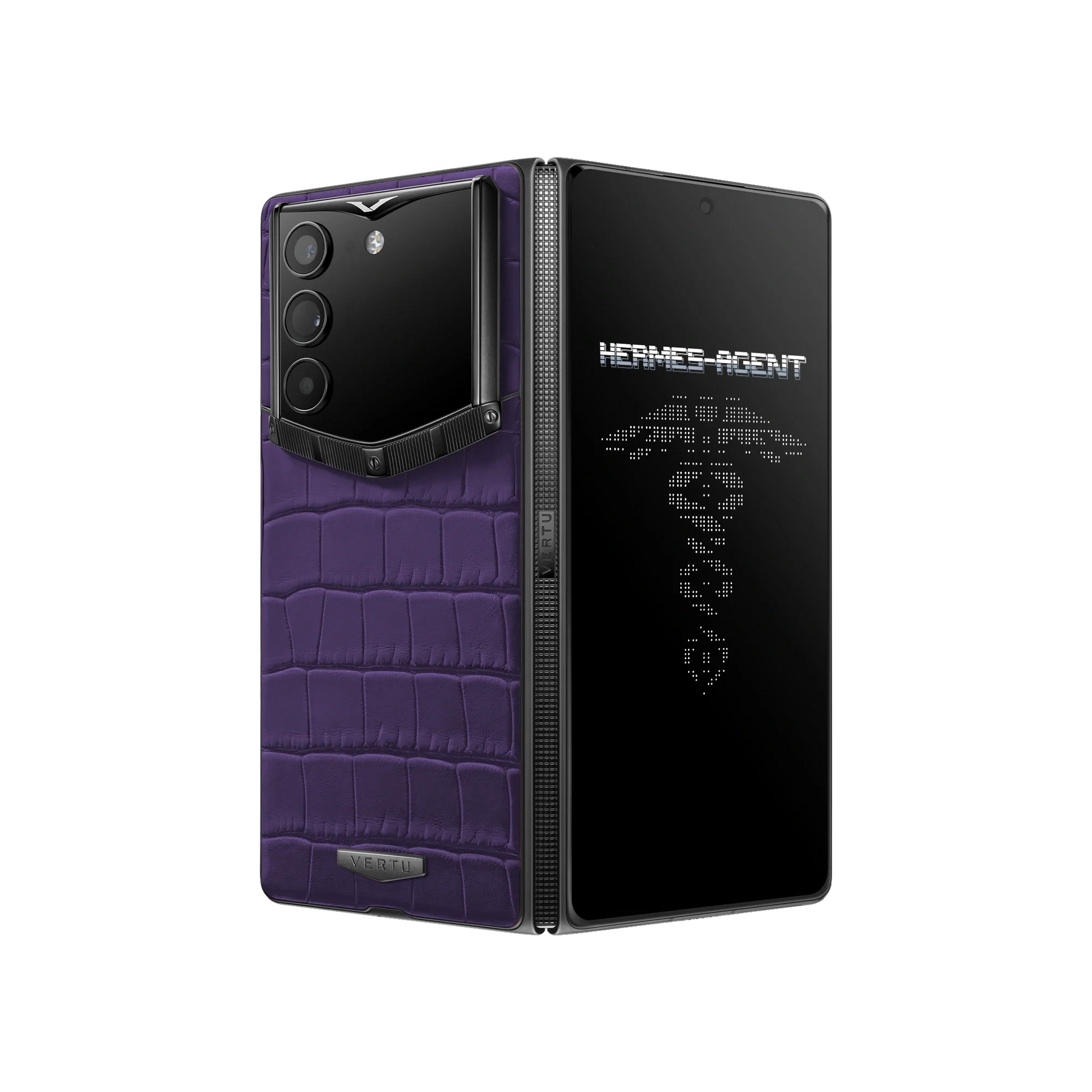 VERTU ALPHAFOLD Grape Purple alligator skin phone folded and standing upright from behind