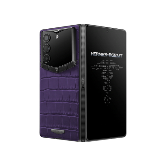 VERTU ALPHAFOLD Grape Purple alligator skin phone folded and standing upright from behind