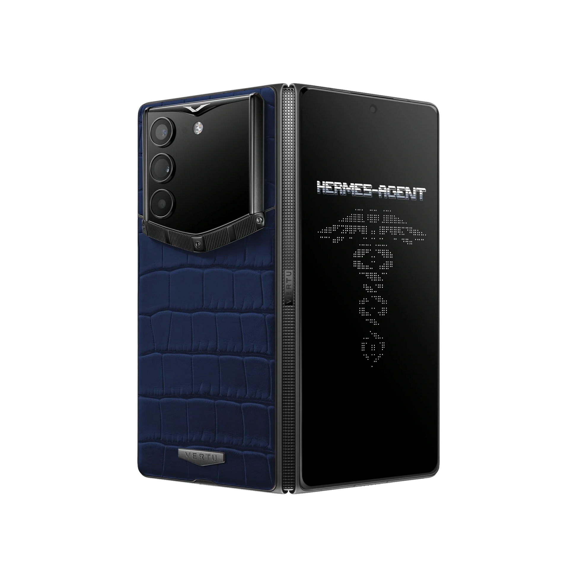 VERTU ALPHAFOLD NAVY BLUE alligator skin phone folded and standing upright from behind
