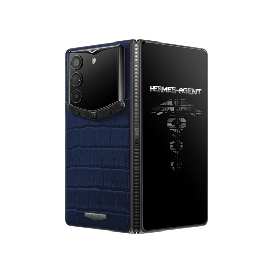 VERTU ALPHAFOLD NAVY BLUE alligator skin phone folded and standing upright from behind