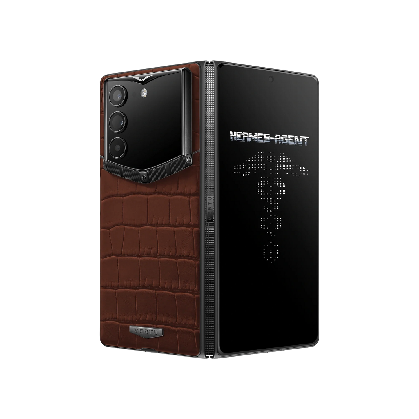 VERTU ALPHAFOLD Amber Brown alligator skin phone folded and standing upright from behind