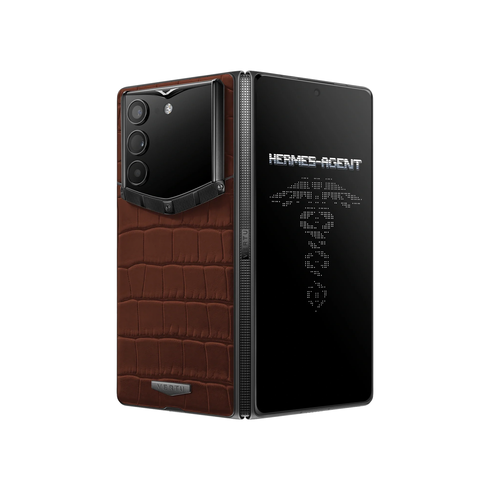 VERTU ALPHAFOLD Amber Brown alligator skin phone folded and standing upright from behind