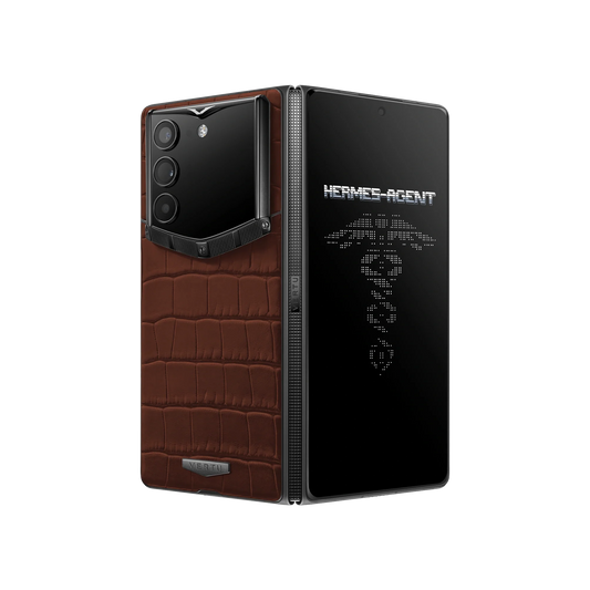 VERTU ALPHAFOLD Amber Brown alligator skin phone folded and standing upright from behind