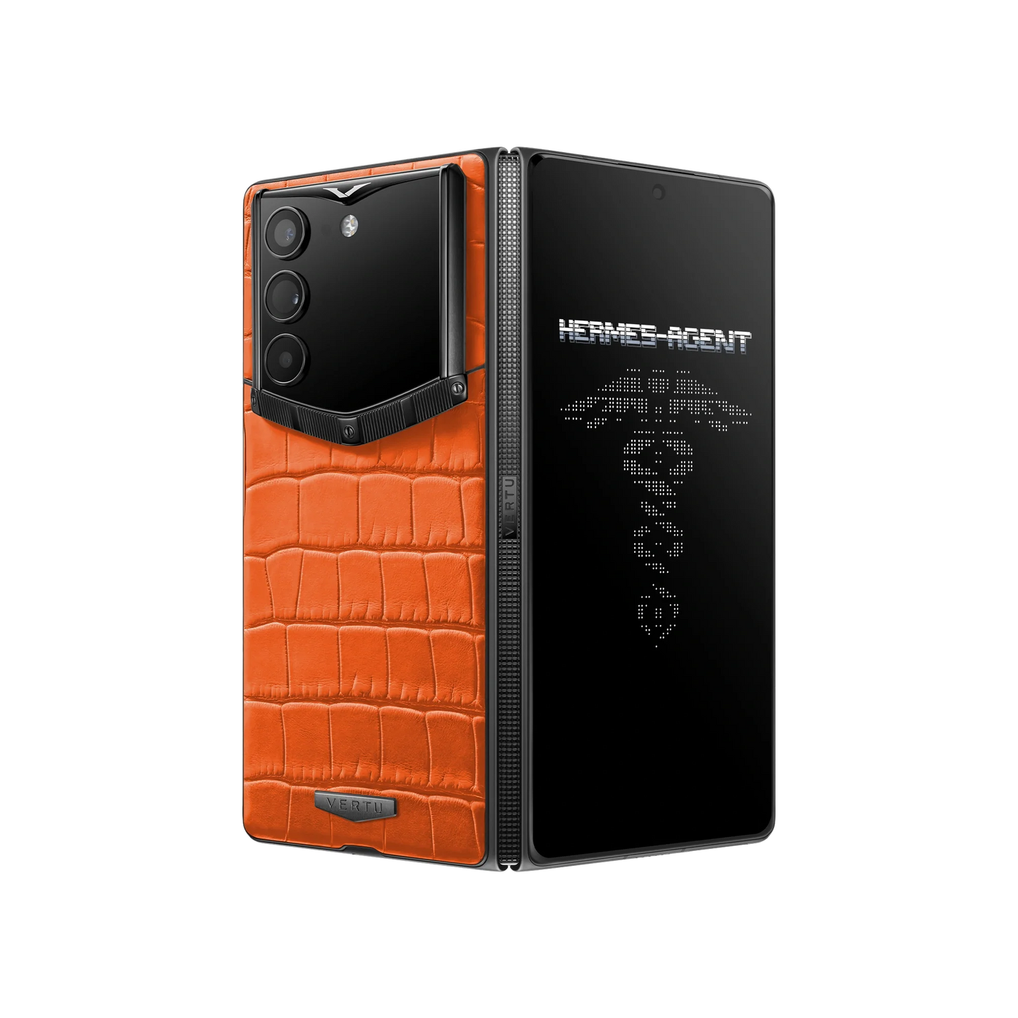 VERTU ALPHAFOLD Radiant Phoenix alligator skin phone folded and standing upright from behind