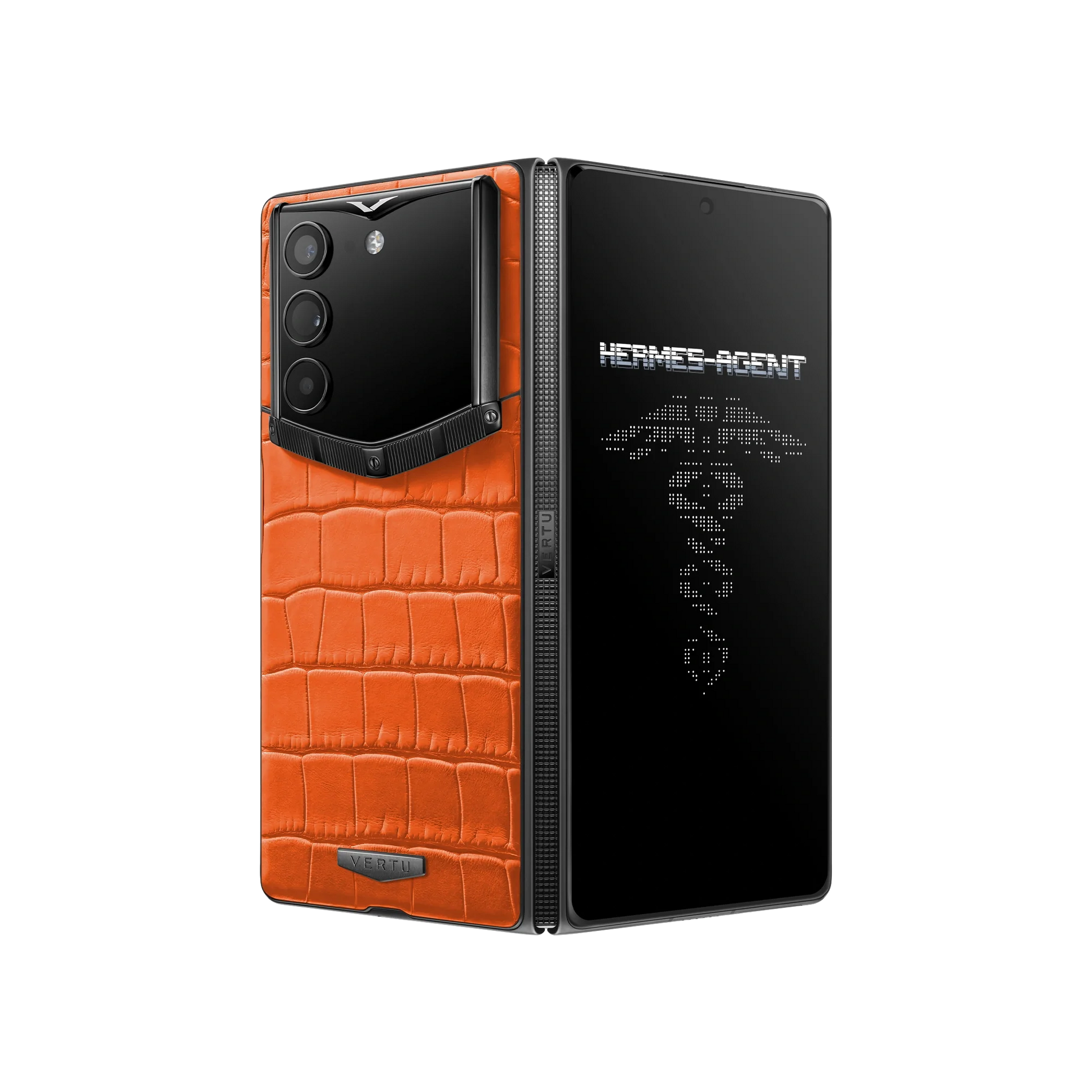 VERTU ALPHAFOLD Radiant Phoenix alligator skin phone folded and standing upright from behind