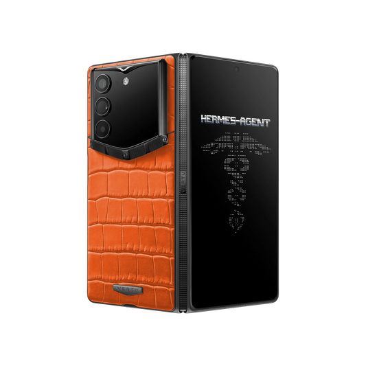 VERTU ALPHAFOLD Radiant Phoenix alligator skin phone folded and standing upright from behind