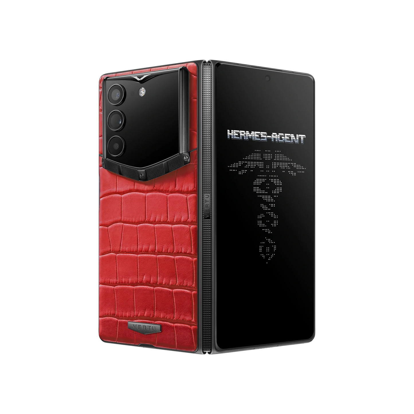 VERTU ALPHAFOLD Retro Red alligator leather phone folded upright with dark titanium frame