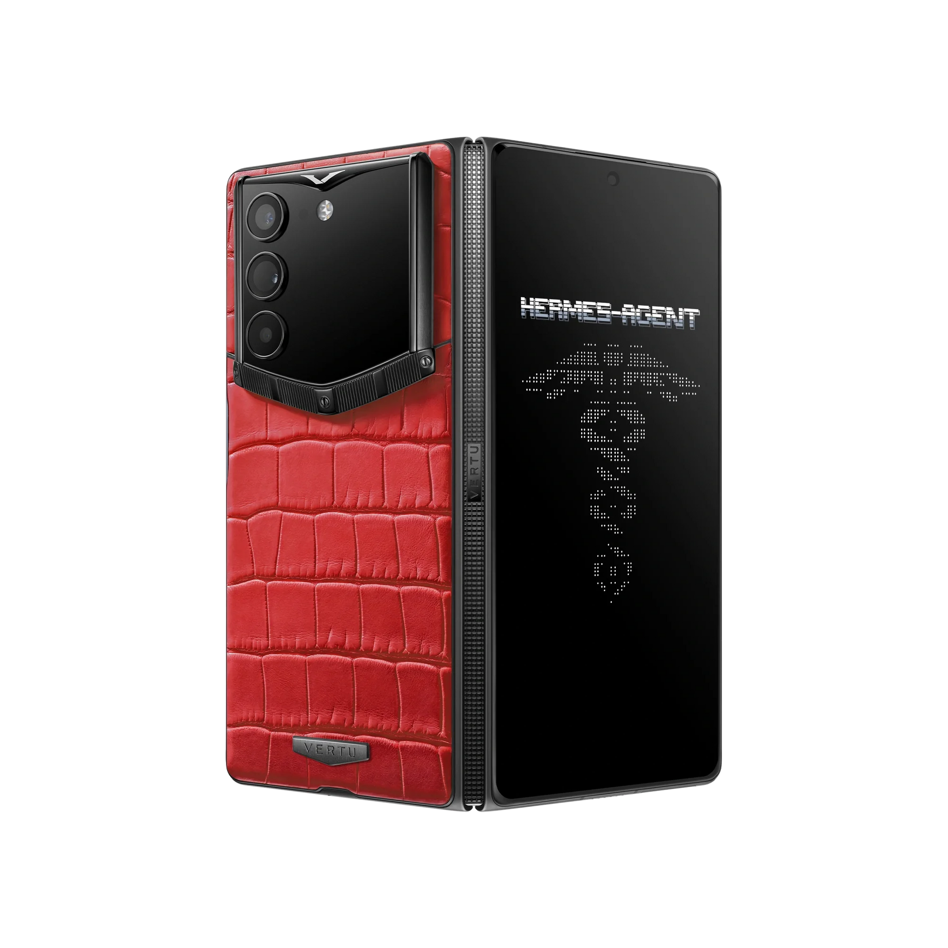 VERTU ALPHAFOLD Retro Red alligator leather phone folded upright with dark titanium frame