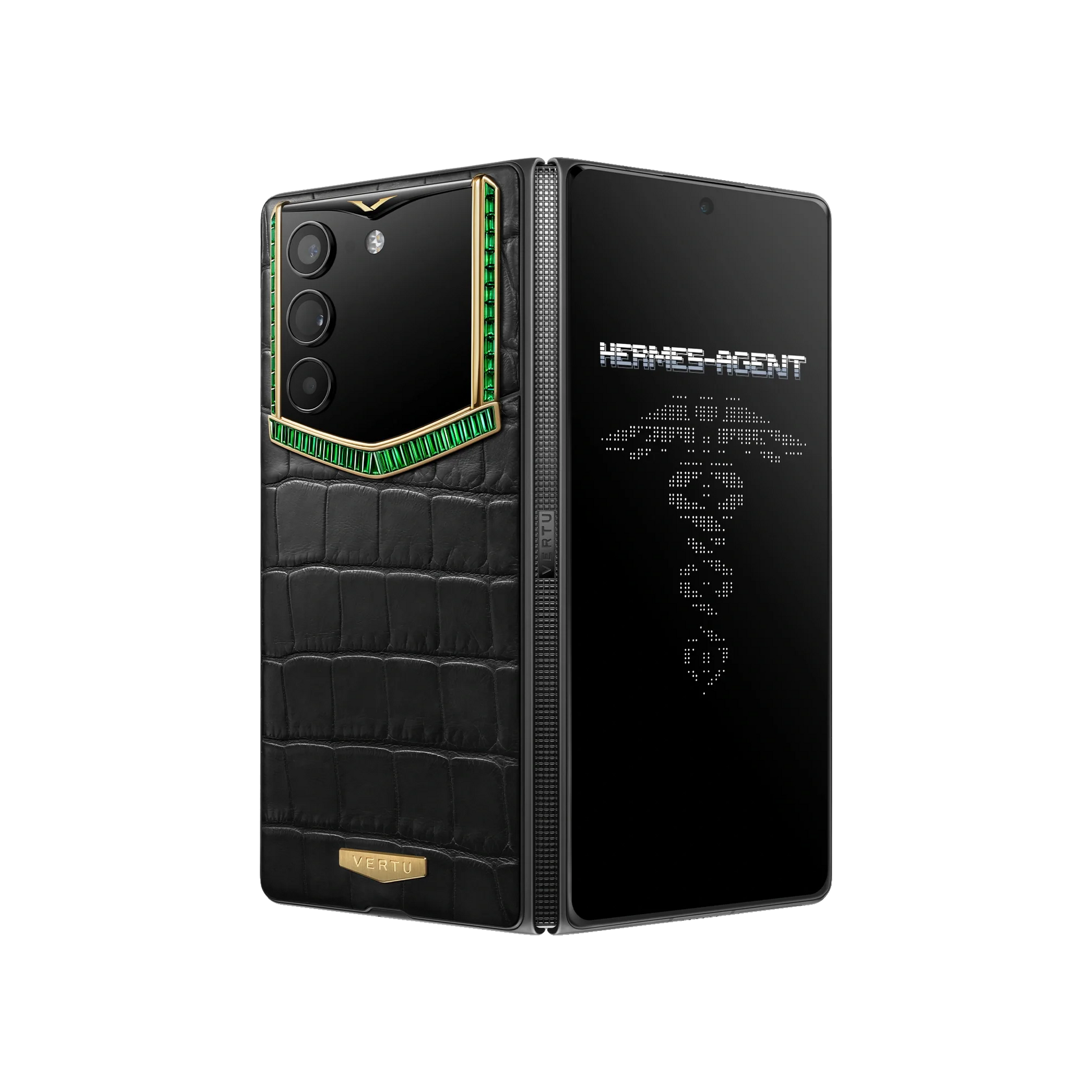 VERTU ALPHAFOLD Gold IV and Green Diamond phone folded, gold and alligator leather back