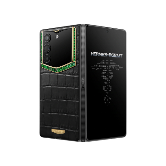 VERTU ALPHAFOLD Gold IV and Green Diamond phone folded, gold and alligator leather back