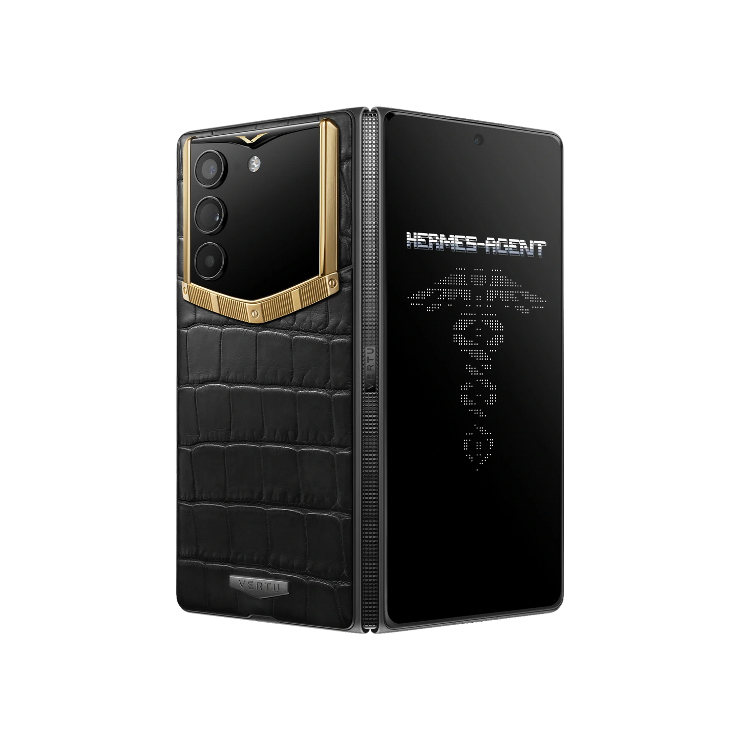 VERTU ALPHAFOLD Bespoke Gold III phone in 18K gold with alligator leather, folded upright