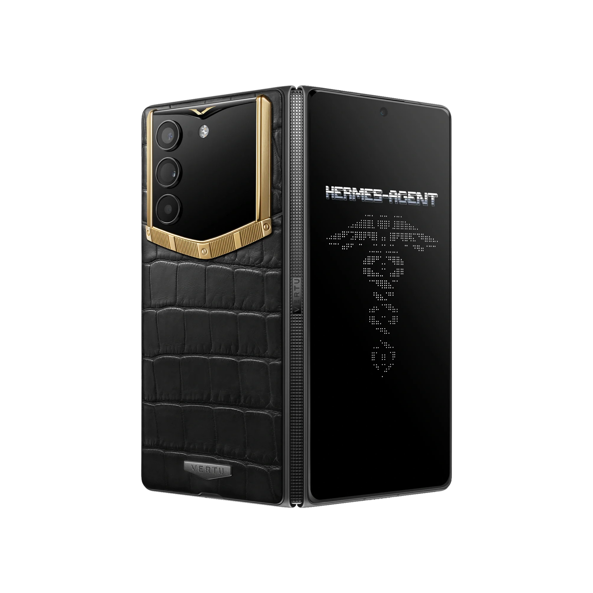 VERTU ALPHAFOLD Bespoke Gold III phone in 18K gold with alligator leather, folded upright