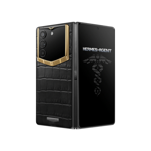 VERTU ALPHAFOLD Bespoke Gold III phone in 18K gold with alligator leather, folded upright