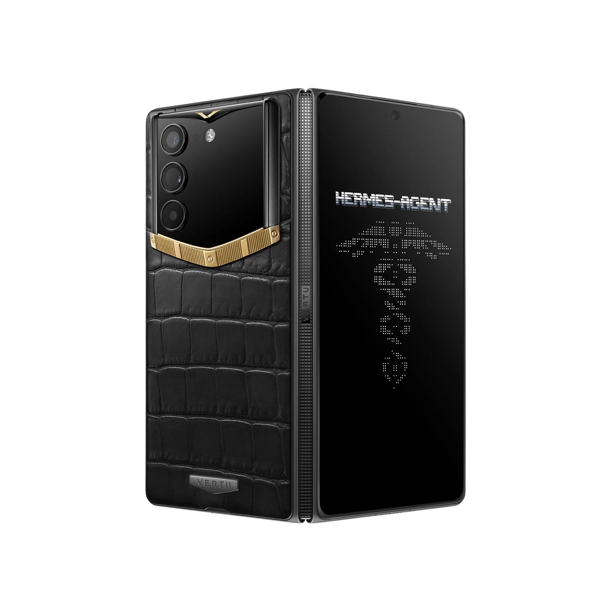 VERTU ALPHAFOLD Bespoke Gold I phone in solid 18K gold and alligator leather, folded upright