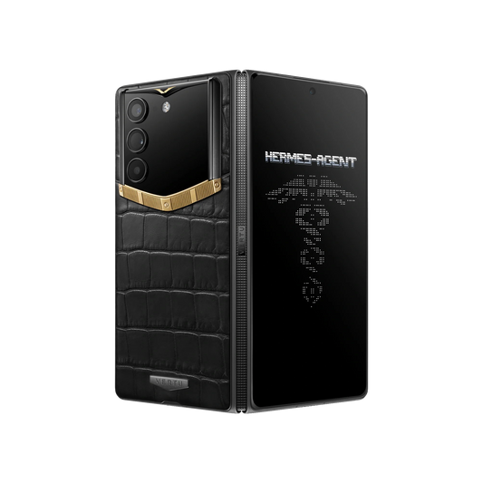 VERTU ALPHAFOLD Bespoke Gold I phone in solid 18K gold and alligator leather, folded upright