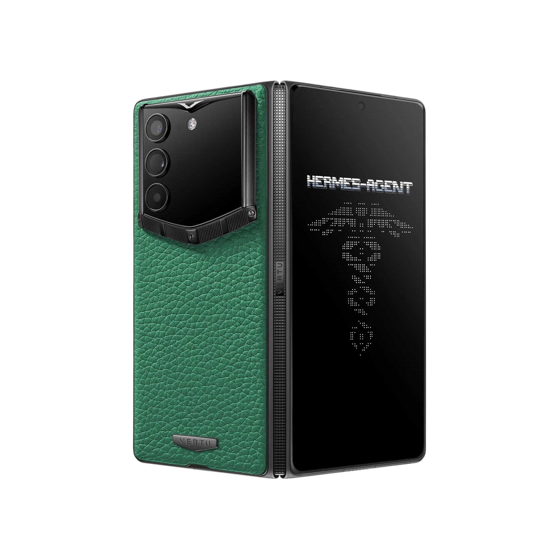 VERTU ALPHAFOLD Bamboo Green grained calfskin phone folded and standing upright from behind