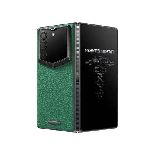 VERTU ALPHAFOLD Bamboo Green grained calfskin phone folded and standing upright from behind