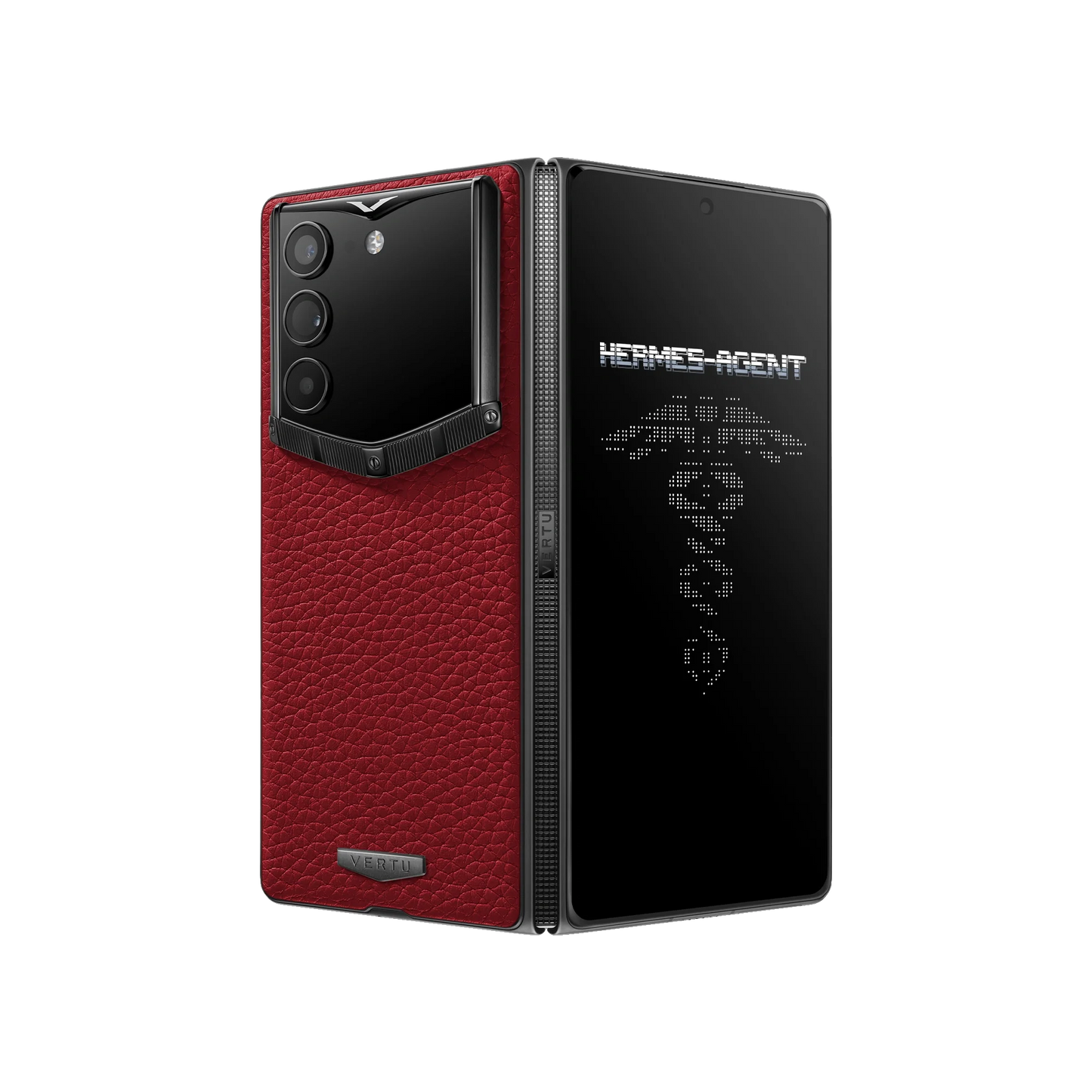 VERTU ALPHAFOLD Retro Red grained calfskin phone folded and standing upright from behind
