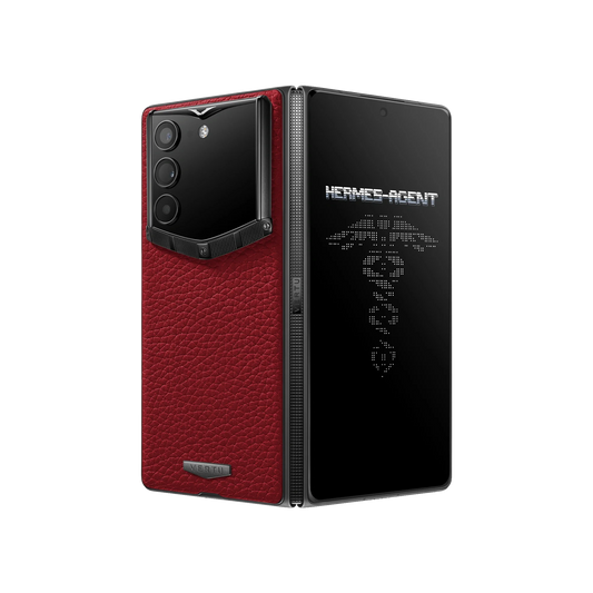 VERTU ALPHAFOLD Retro Red grained calfskin phone folded and standing upright from behind