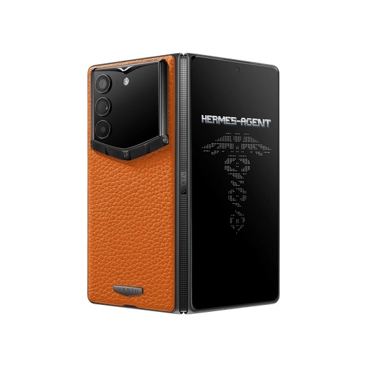 VERTU ALPHAFOLD Radiant Phoenix grained calfskin phone folded and standing upright from behind