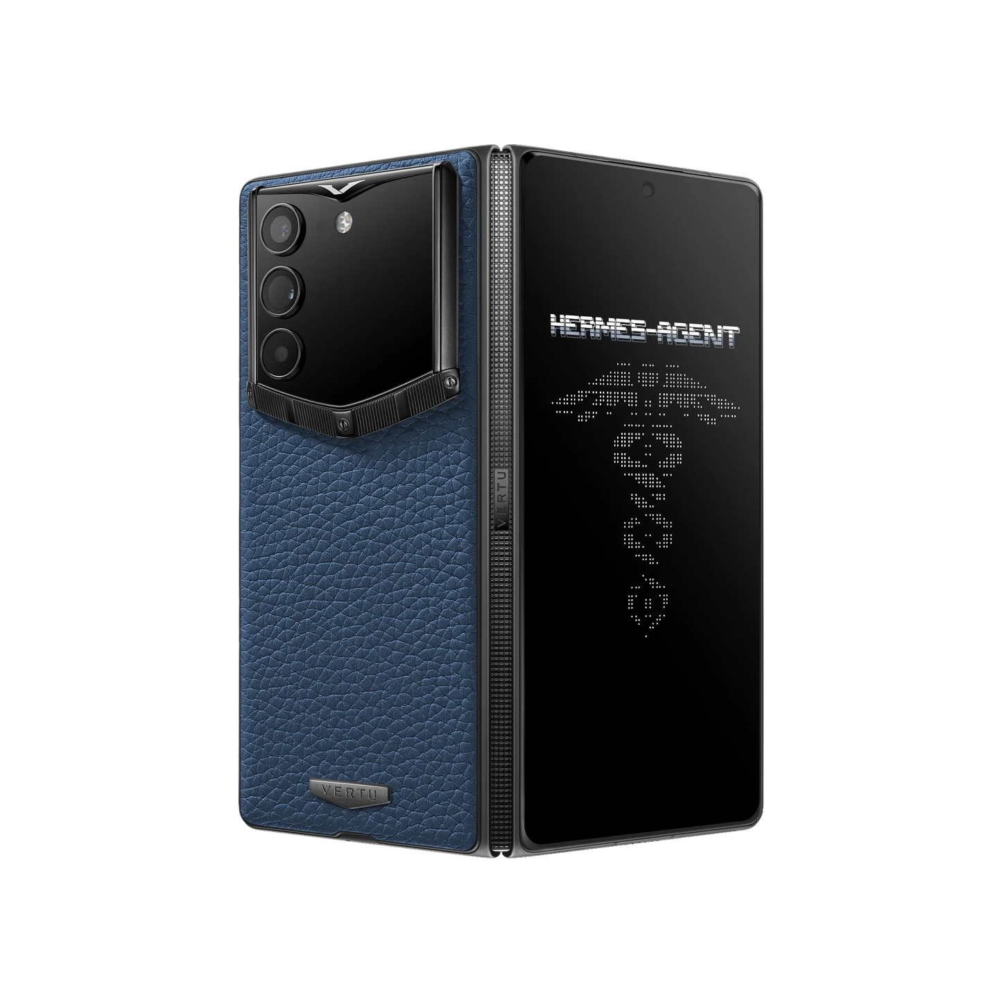 VERTU ALPHAFOLD NAVY BLUE grained calfskin phone with dark titanium frame and hinge, folded and standing upright