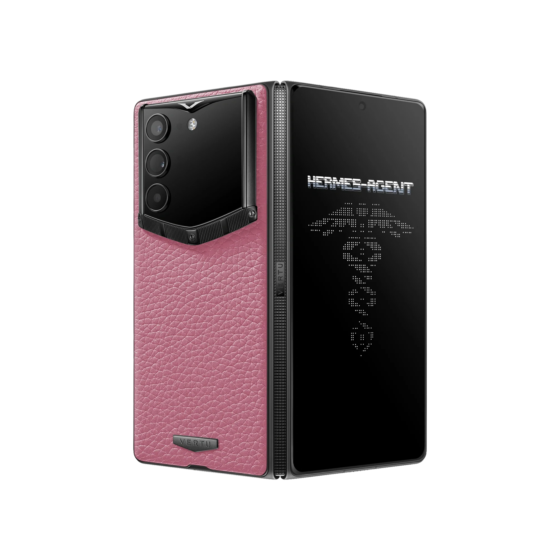 VERTU ALPHAFOLD PEACH PINK grained calfskin phone folded and standing upright from behind