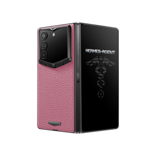 VERTU ALPHAFOLD PEACH PINK grained calfskin phone folded and standing upright from behind