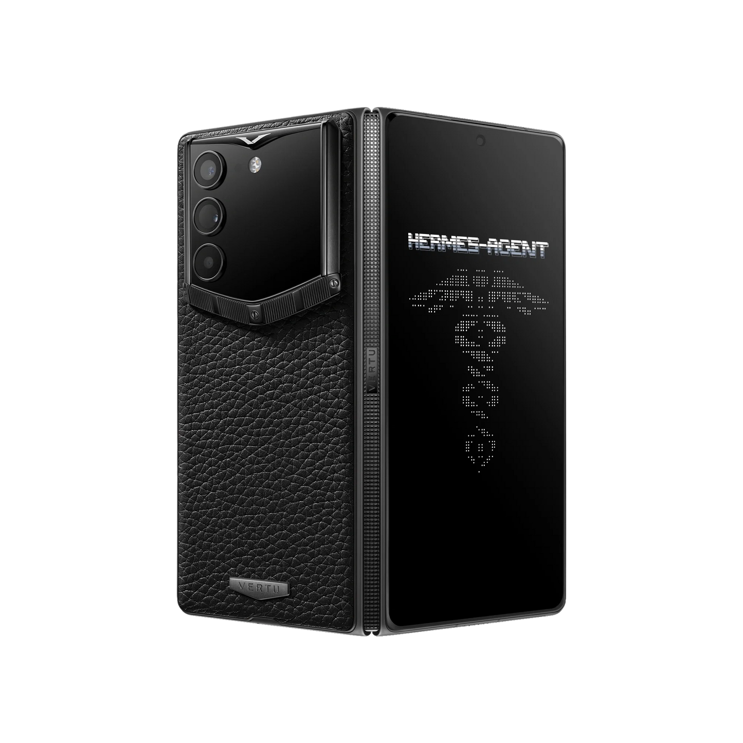 VERTU ALPHAFOLD IRON BLACK grained calfskin phone folded and standing upright