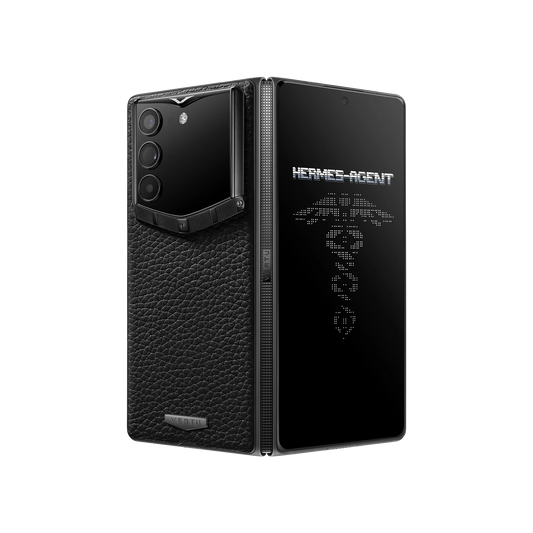 VERTU ALPHAFOLD IRON BLACK grained calfskin phone folded and standing upright
