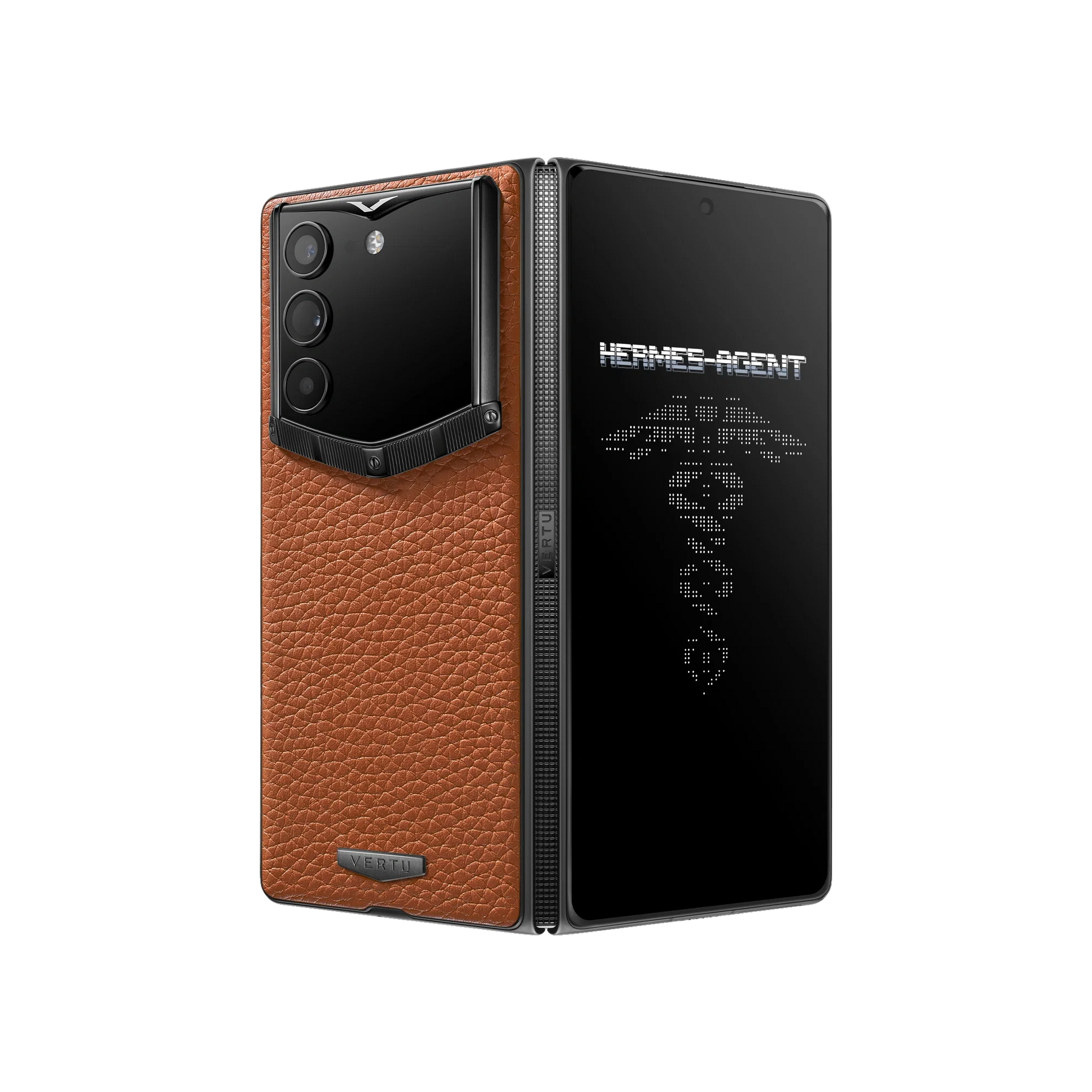 VERTU ALPHAFOLD Amber Brown grained calfskin phone folded and standing upright from behind
