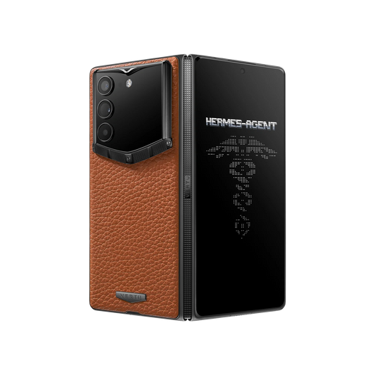 VERTU ALPHAFOLD Amber Brown grained calfskin phone folded and standing upright from behind