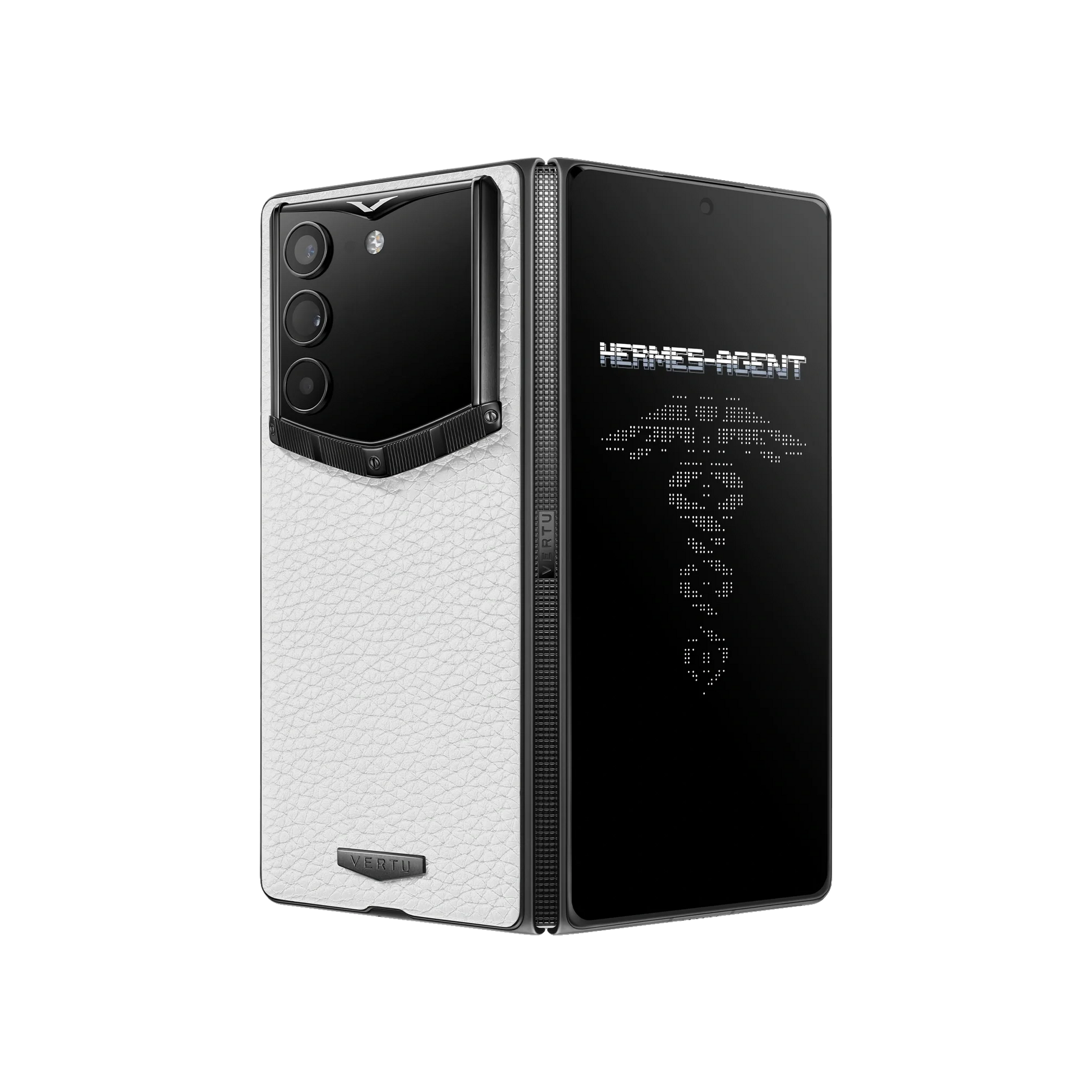 VERTU ALPHAFOLD Creamy White grained calfskin phone folded with dark titanium frame and hinge