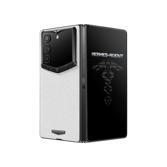 VERTU ALPHAFOLD Creamy White grained calfskin phone folded with dark titanium frame and hinge