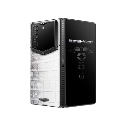 VERTU ALPHAFOLD Himalaya Alligator leather phone folded and standing upright