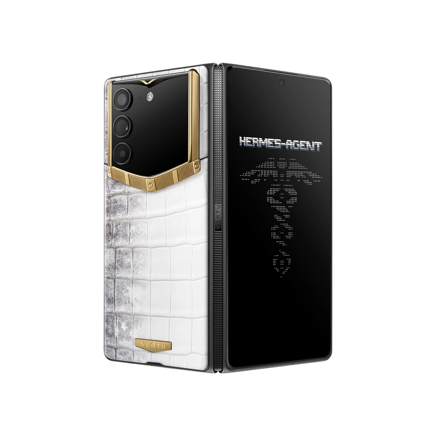 VERTU ALPHAFOLD Himalaya Alligator Gold IV phone in 18K gold, folded and standing upright