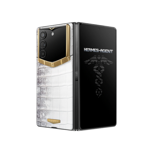 VERTU ALPHAFOLD Himalaya Alligator Gold IV phone in 18K gold, folded and standing upright