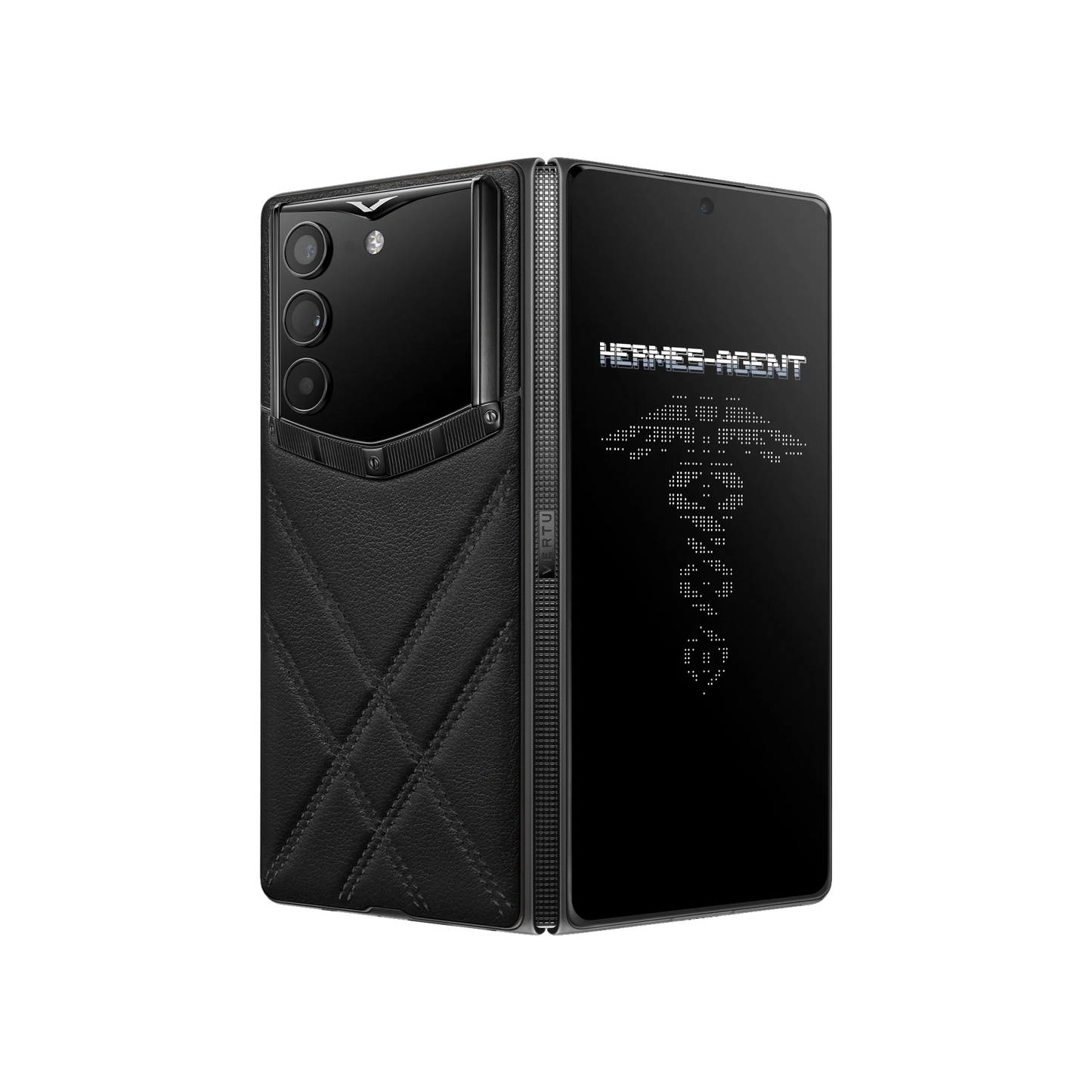 VERTU ALPHAFOLD IRON BLACK folded phone standing upright with dark titanium frame and Hermes Agent emblem on screen